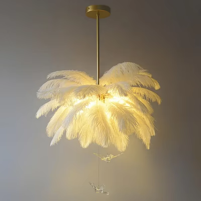 Elegant White Ostrich Feather Chandelier Hanging From Gold Metal Rod With Warm Light 3d model