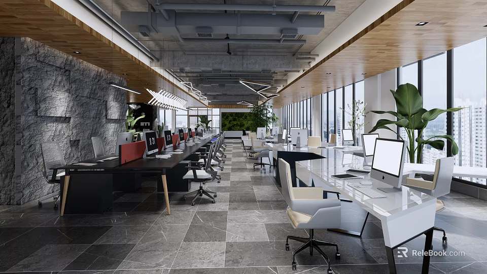 Modern Public Office Space with Open Layout Workstations Computers Greenery and Floor to Ceiling Windows 3d model