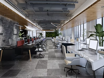 Modern Public Office Space with Open Layout Workstations Computers Greenery and Floor to Ceiling Windows 3d model