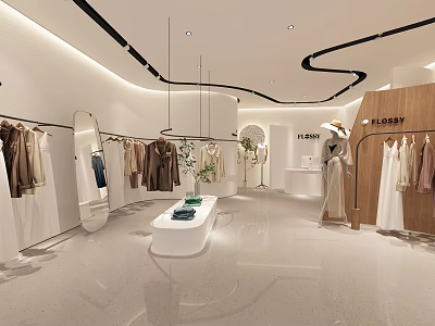Modern Clothing Store Interior With Clothing Racks Various Apparel And Display Tables 3d model