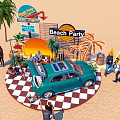 Vibrant Beach Party Scene With Teal Car Palm Trees And People