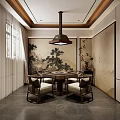 Hotel Mahjong Room with Chinese Style Landscape Painting Traditional Lamp Wooden Table Chairs Window Curtain 3d model