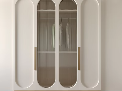 Modern White Wardrobe Interior Design With Glass Doors Metal Handles And Hanging Clothes 3d model