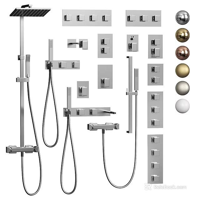 Various Modern Bathroom Faucets With Shower Heads Control Panels And Metal Knobs 3d model