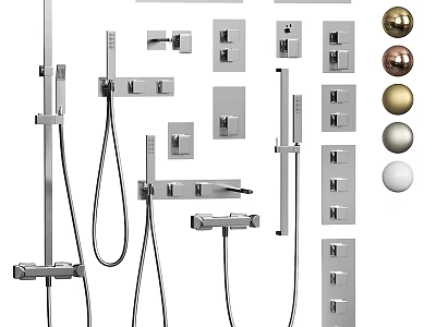 Various Modern Bathroom Faucets With Shower Heads Control Panels And Metal Knobs 3d model