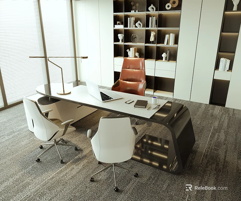 Modern Office Desk Interior With White Chairs Desk Lamp Laptop And Bookshelf 3d model 
