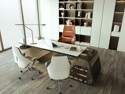 Modern Office Desk Interior With White Chairs Desk Lamp Laptop And Bookshelf 3d model