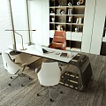 Modern Office Desk Interior With White Chairs Desk Lamp Laptop And Bookshelf