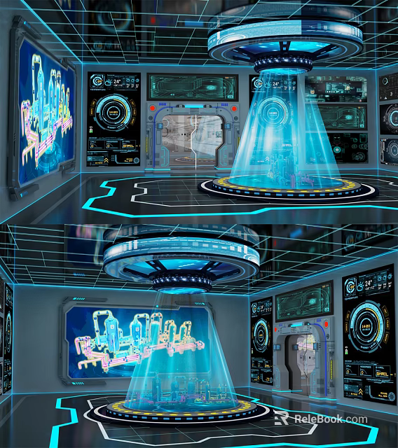 Futuristic Control Room With Holographic Projections Digital Screens And Blue Illuminated Panels 3d model 