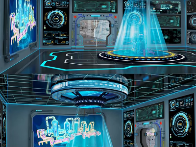 Futuristic Control Room With Holographic Projections Digital Screens And Blue Illuminated Panels 3d model