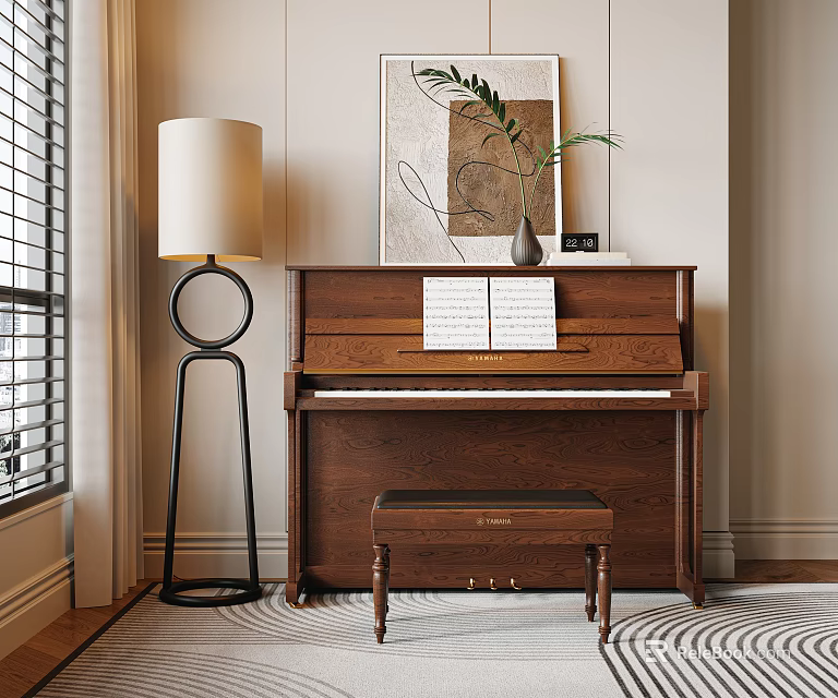 Warm Interior With Wooden Piano Wall Painting Music Sheet Vase And Floor Lamp 3d model 