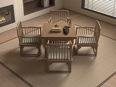 Natural Wood Tea Table and Chairs with Teapot Books on Living Room Rug 3d model