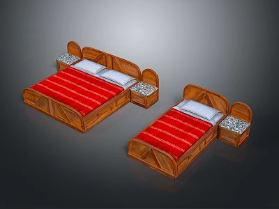 Two Wooden Beds With Red Striped Bed Sheets And Matching Nightstands 3d model