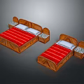 Two Wooden Beds With Red Striped Bed Sheets And Matching Nightstands