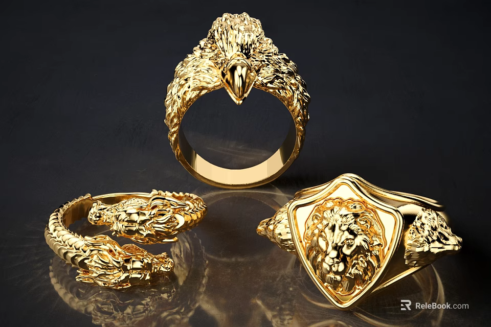 Ornate Gold Animal Design Rings Featuring Eagle Dragon and Lion Heads 3d model 