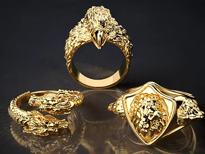 Ornate Gold Animal Design Rings Featuring Eagle Dragon and Lion Heads 3d model