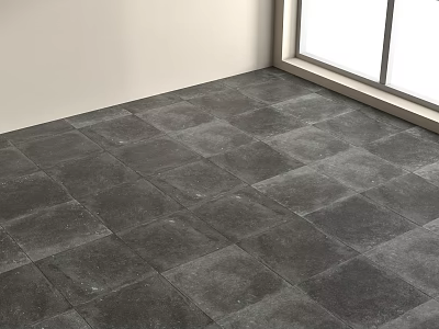 Neatly Arranged Dark Gray Square Floor Tiles In Corner With Large Window And Light Walls 3d model