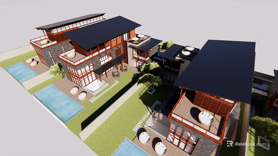 Modern Connected Townhouses With Black Roofs Wooden Elements Courtyard Pool Lawn And Terrace 3d model 