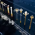 Urban Road Facilities With Modern Street Lamps And Wet Road Surface At Night