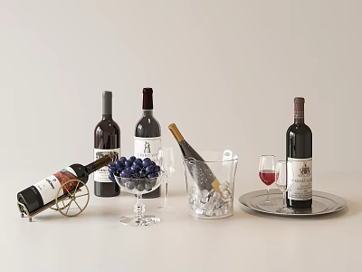 Elegant Wine Bottles And Glasses With Ice Bucket Grapes Tray Golden Rack On White Table 3d model