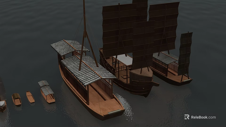 Traditional Wooden Boats With Sailing Masts Canopies And Calm Water Surface 3d model 