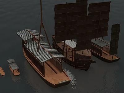 Traditional Wooden Boats With Sailing Masts Canopies And Calm Water Surface 3d model