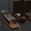 Traditional Wooden Boats With Sailing Masts Canopies And Calm Water Surface
