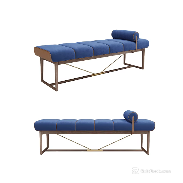Blue Upholstered Footstool Bench With Wooden Frame Metal Cross Brace And Round Cushion 3d model 
