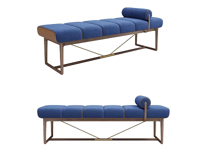 Blue Upholstered Footstool Bench With Wooden Frame Metal Cross Brace And Round Cushion 3d model