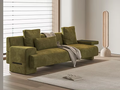 Green Velvet Double Sofa With Pillows And Blanket On Wooden Floor Near Roller Blinds 3d model
