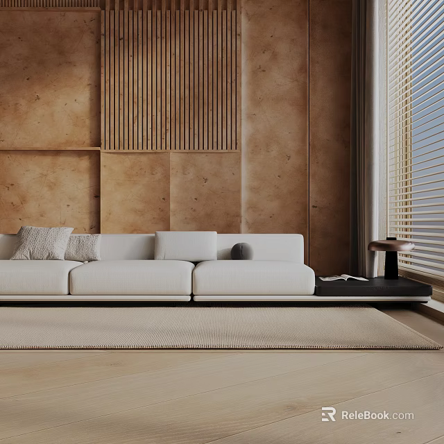 White Three Seater Sofa Modern Minimalist with Cushions Wooden Wall Rug and Side Table 3d model 