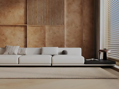 White Three Seater Sofa Modern Minimalist with Cushions Wooden Wall Rug and Side Table 3d model