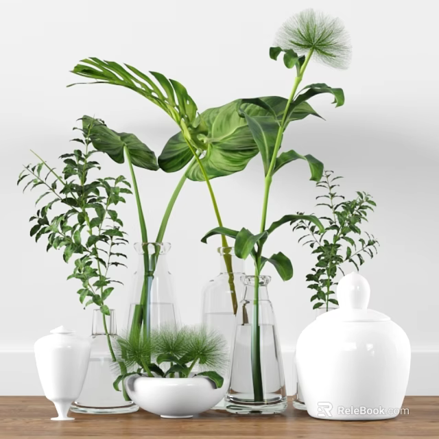 Decorative Glass Vases With Green Plants And Monstera Leaves In White Containers 3d model 