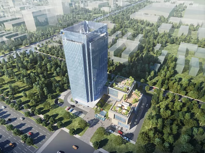 Modern Tall High Rise Office Building With Glass Curtain Wall And Surrounding Greenery 3d model