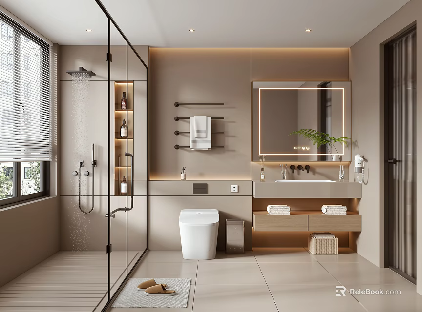 Modern Bathroom Interior Design With Glass Shower White Toilet Vanity Mirror And Wooden Cabinets 3d model 