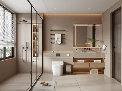 Modern Bathroom Interior Design With Glass Shower White Toilet Vanity Mirror And Wooden Cabinets 3d model