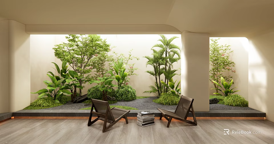 Indoor Landscape with Lush Green Plants Two Brown Chairs and Stack of Books 3d model 