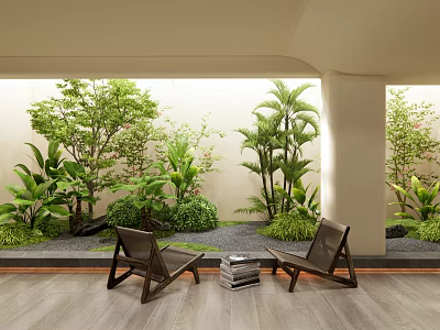 Indoor Landscape with Lush Green Plants Two Brown Chairs and Stack of Books 3d model