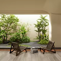Indoor Landscape with Lush Green Plants Two Brown Chairs and Stack of Books