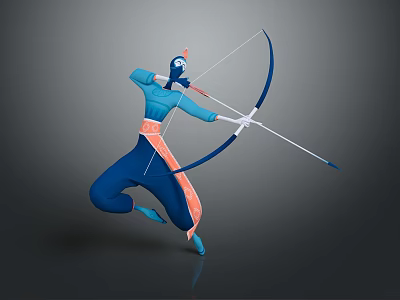Animated Archer Character In Blue Orange Outfit Jumping While Drawing Bow 3d model