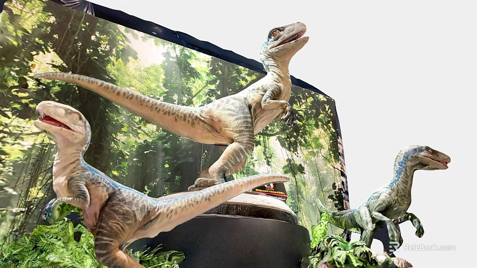 Realistic Reptile Dinosaur Models In Jungle Themed Display With Lush Green Plants 3d model 