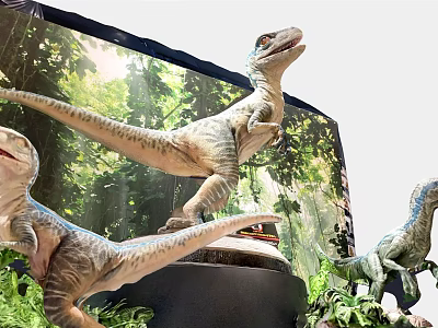 Realistic Reptile Dinosaur Models In Jungle Themed Display With Lush Green Plants 3d model