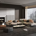 Modern Living Room Interior With L Shaped Sofa Fireplace Large Windows And Mountain View 3d model