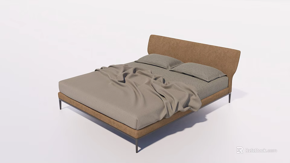 Modern Double Bed With Brown Upholstered Headboard And Gray Linen Bedding 3d model 