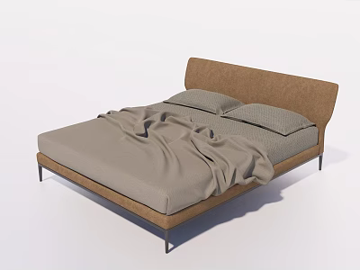 Modern Double Bed With Brown Upholstered Headboard And Gray Linen Bedding 3d model