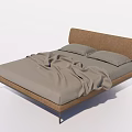Modern Double Bed With Brown Upholstered Headboard And Gray Linen Bedding 3d model