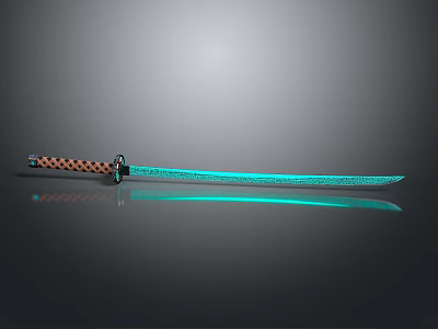 Decorative Sword With Checkered Handle Blue Blade Reflective Surface On Dark Gray Background 3d model
