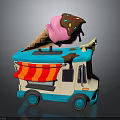 Pink Ice Cream Cone With Chocolate Drizzle On Colorful Ice Cream Truck
