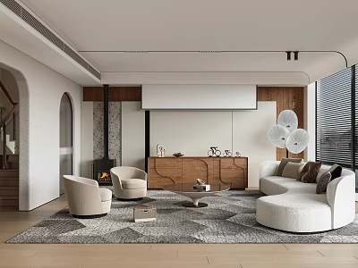 Modern Living Room Interior Design With Sofa Armchairs Area Rug Fireplace TV Cabinet Pendant Lights 3d model