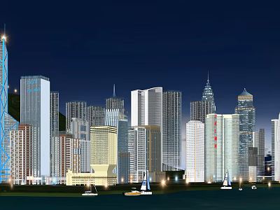 Scenic Illuminated City Night View With Tall Buildings Waterfront And Boats 3d model